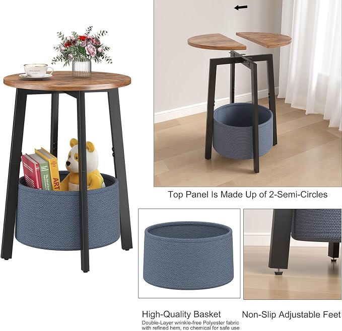 sthmec Small Round Side End Table Set of 2 with Cloth Storage Basket, Round Bedside Sofa Couch Coffee Tables for Small Places with Metal Frame, Modern Nighstands for Living Room Bedroom,Rustic Brown