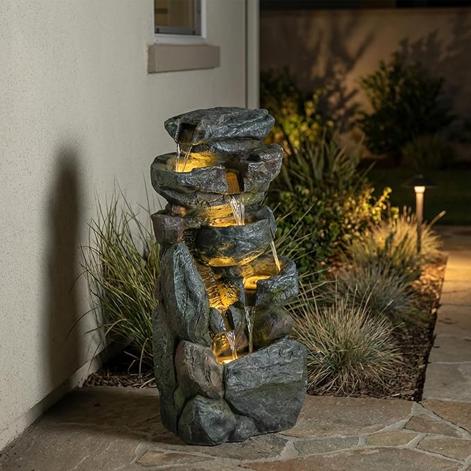 Bumilgar Water Features Outdoor Patio 6-Tier Cascading Rock Water Fountain 31.5''Water Fall Fountain Outside Resin Fountain with Light Mossy Rock Floor Garden Fountain Indoor for Relaxation Home Decor