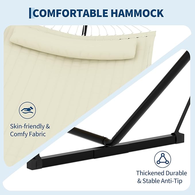 Garvee 2 Person Hammock with Stand for Outside, Double Hammock with Stand and Pillow, Max 450 Lbs Capacity with Balance Rope, Large Hammock for Outdoor Patio Backyard Poolside