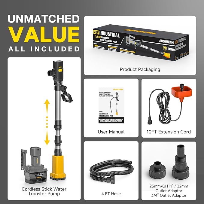 Cordless Stick Water Transfer Pump Compatible with Dewalt 20V Battery(Tool Only), 740GPH Cordless Water Pump Submersible Sump Pump,Telescoping Pole Utility Pump for Pool Garden Pond