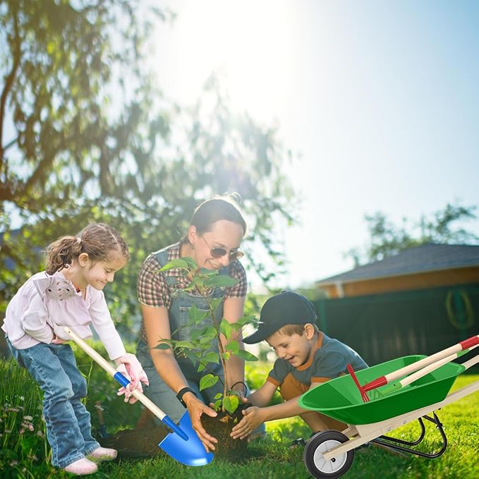 Qtioucp Kids Wheelbarrow Set with Gardening Tools Outdoor Backyard Garden Play for Toddlers Boys Girls 3-8, with Shovel, Rake, Leaf Rake, Easter Birthday Gifts (Green Garden Set)