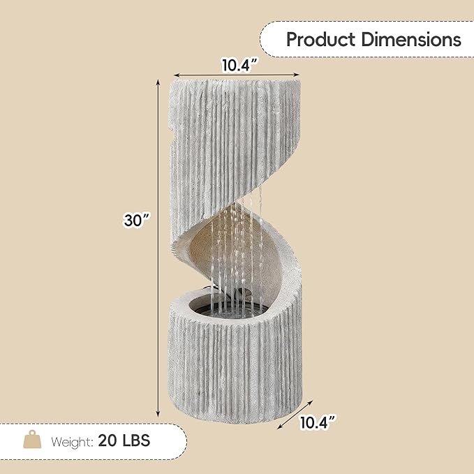 30” H Modern S-Shaped Outdoor Fountain with LED Light, Resin Spiral Column Waterfall Feature with Flat Top for Plant Display, Decorative Water Fountain for Garden, Patio