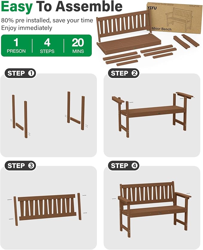 YEFU Outdoor Bench Weatherproof for Patio: 2-Person HIPS All Weather Garden Benches - Comfortable & Heavy Duty Patio Benches for Front Porch Backyard Park - Outside Furniture Bench Set of 2, Teak