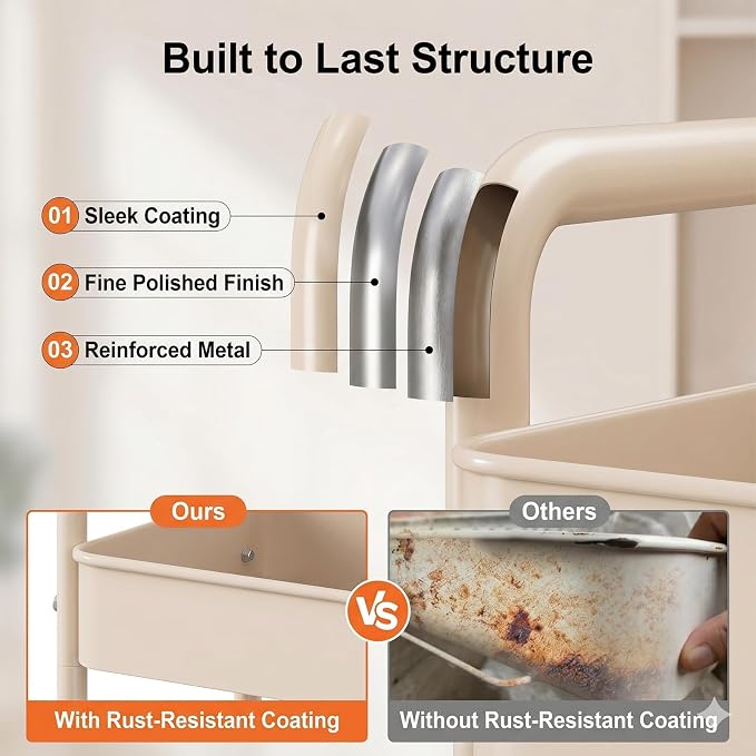 Beige 3 Tier Rolling Storage Cart Metal on Wheels, Cream Diaper Caddy Carts