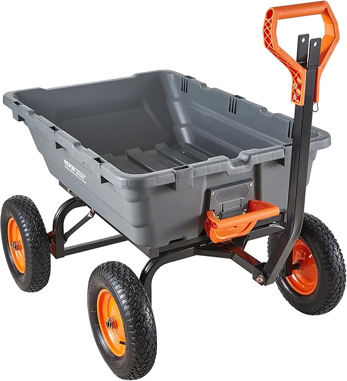 VEVOR 10 Cu.Ft 1500LBS Poly Garden Cart Dump Wagon, Heavy Duty Wheelbarrow with Convertible Handle and 16" Flat Free Tires, Outdoor Yard Wagon ATV Trailer Dump Cart Tow Behind for Lawn Mower Tractor