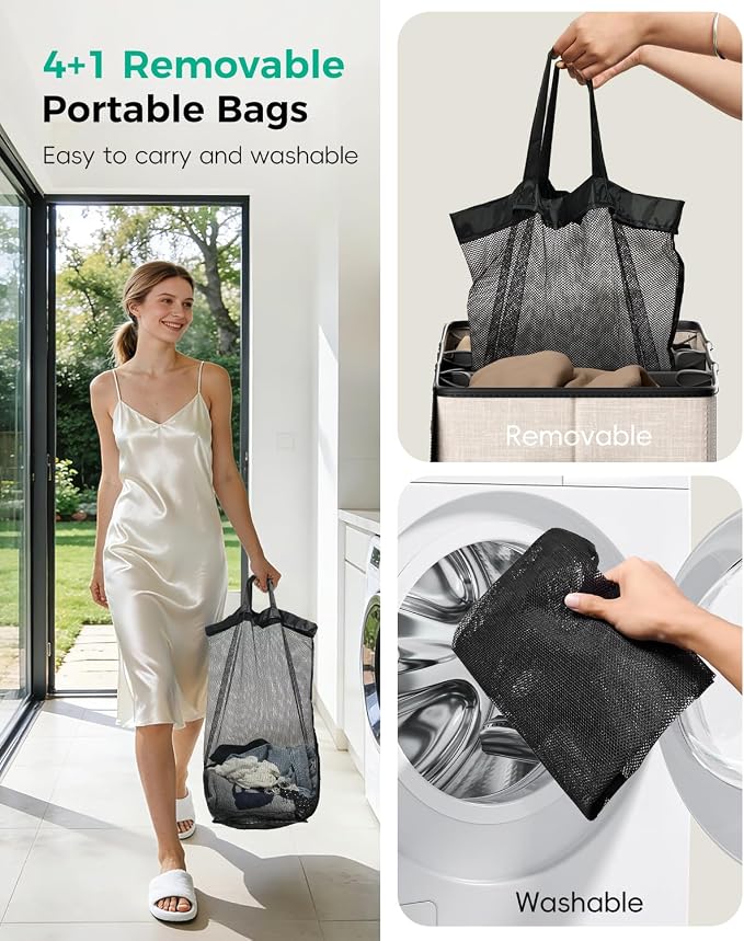 185L Laundry Hamper 4 Section with Lid & Removable Bags | Collapsible laundry basket organizer for laundry room, bedroom & dorm with 5 removable washing bags