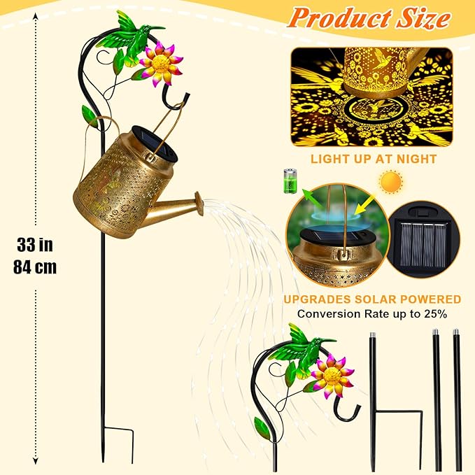Hummingbird Solar Lanterns Garden Decor, Outdoor Waterproof Watering Can with Shepherd Hook, Solar Garden Decor for Yard Outdoor Landscape Pathway, Gifts for Mother's Day Women Mom Grandma Birthday