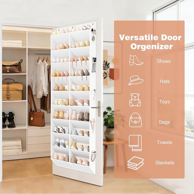 LANTEFUL Over the Door Shoe Organizer, Hanging Shoe Rack for Closet Door Shoe Storage for 30 Pairs Sneaker and Boots, Large Shoe Holder for Door with 10 Side Pockets, Space Saving, White