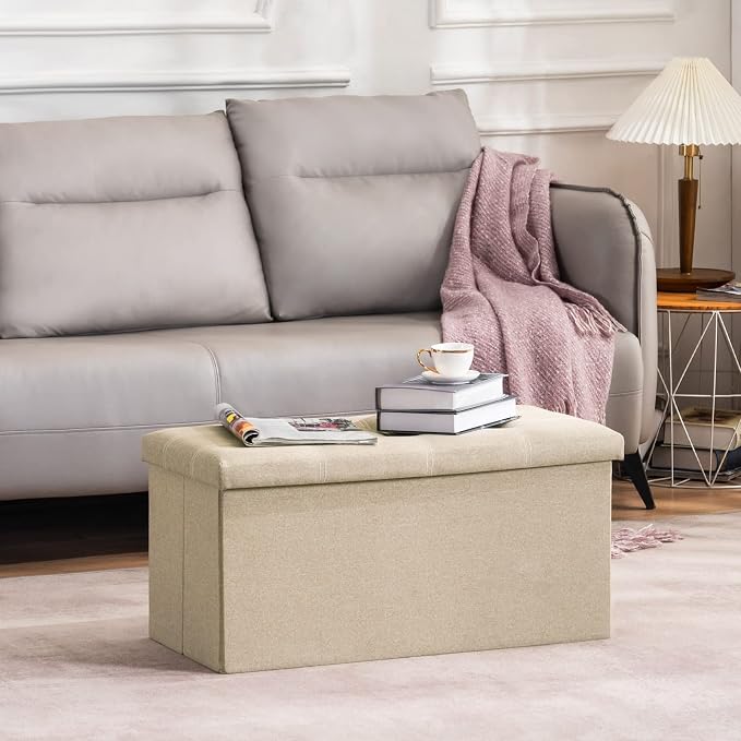 YOUDENOVA Ottoman with Storage, 30" Storage Ottoman Bench, Linen Beige | Hide blankets, pillows and clutter inside, while the padded linen seat adds comfort to your bedroom or living room.
