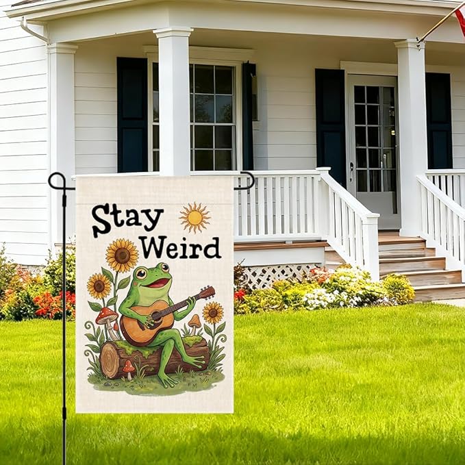 RZHV Stay Weird Double-Sided Garden Flag for Outdoor House Yard Sign Garden Decor Parade, Funny Frog Playing Guitar Sun Vertical Flag, Diversity Inclusive Outdoor Lawn House Patio Banner Decoration