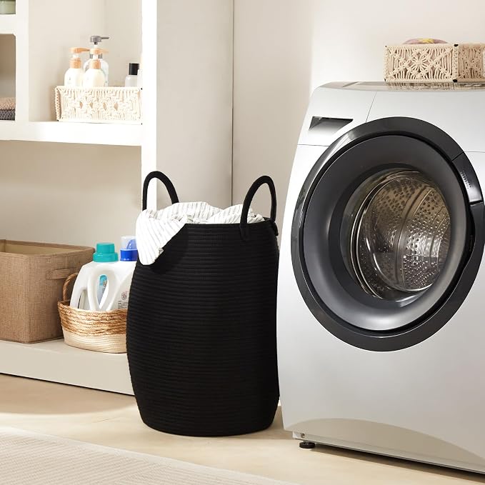 Large Laundry Hamper Basket 65L Woven Blanket Basket, Black