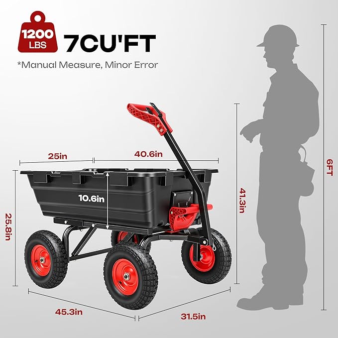 Autodaya 1200lbs Garden Dump Cart,7 Cu.Ft Utility Wagon Cart with Hitch,Heavy Duty Yard Dump Wagon Wheelbarrows with 13" All Terrain Wheels & 2-in-1 Handle,Tow Behind for Lawn Mower Tractor ATV