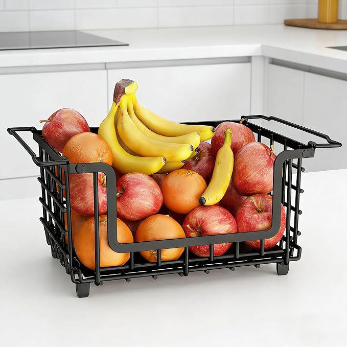 1 Pack Stackable Metal Wire Vegetable Fruit Basket for Kitchen Counter Cabinet, Pantry Organizers and Storage Basket, Food Can Snack Onion Potato Bread Storage Shelf Freezer Organizer Bins Black