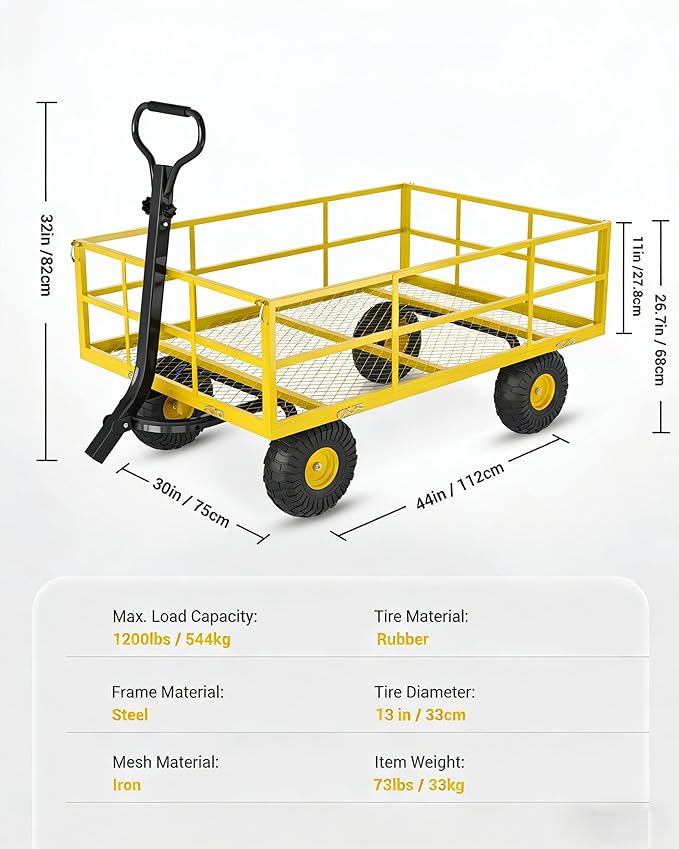 Garvee Steel Garden Cart, 1200 LBS Capacity Utility Outdoor Wagon, Heavy Duty Mesh Garden Wagon with Removable Sides, 2-in-1 Handle, 13" Tires for Yard, Lawn, Garden