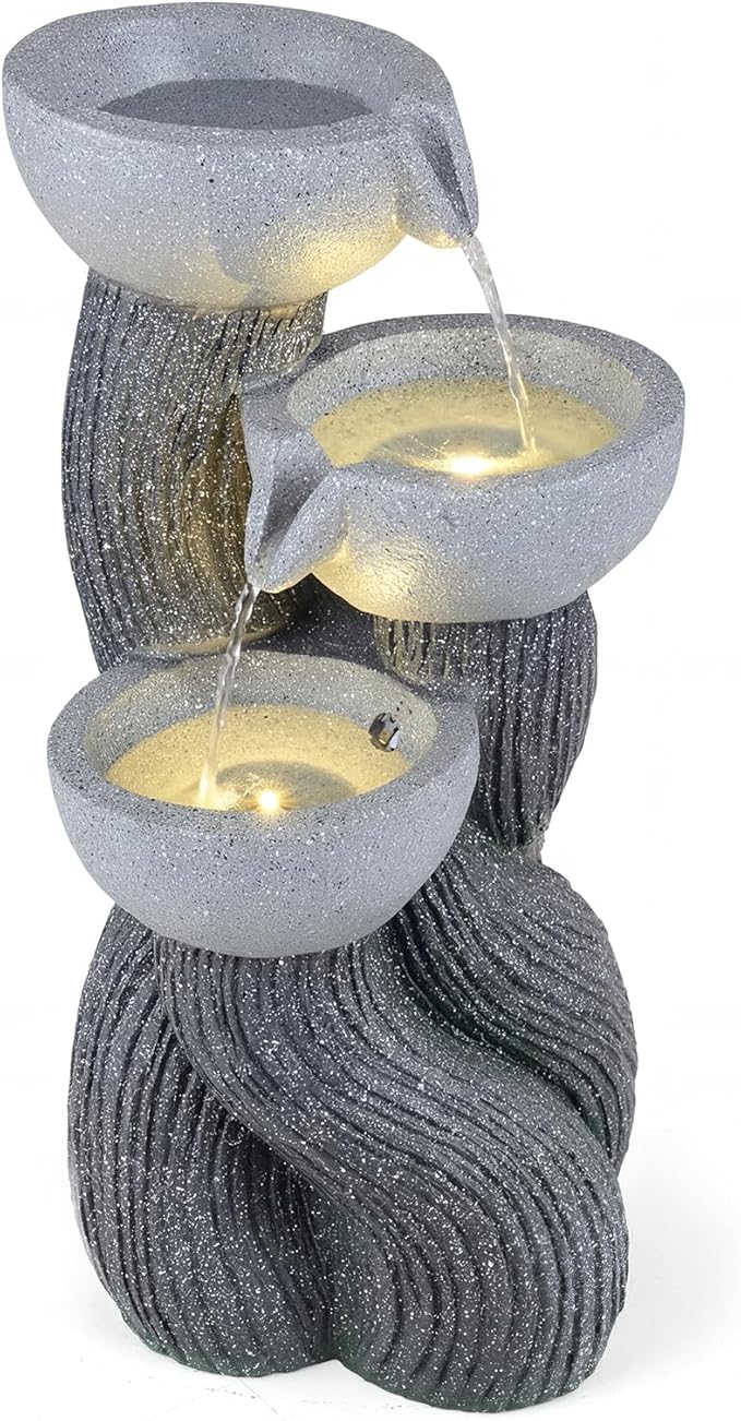 Giantex 3-Tier Outdoor Water Fountain with Lights, 18.5 Inch Cascading Bowls Tabletop Fountain with Pump, Resin Garden Waterfall Feature for Indoor Outdoor Patio, Yard, Porch Decor