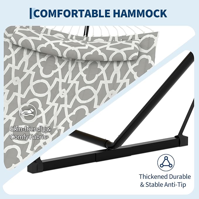 Garvee 2 Person Hammock with Stand for Outside, Double Hammock with Stand and Pillow, Max 450 Lbs Capacity with Balance Rope, Large Hammock for Outdoor Patio Backyard Poolside