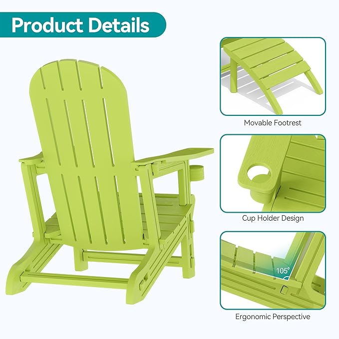 Vongrasig Adirondack Chairs Set of 2 with Removable Tabletop and Footrest, HDPE Plastic Outdoor Chair Set with Wooden Textured, Cup Holder for Patio, Poolside, Garden, Green, 5 Pieces