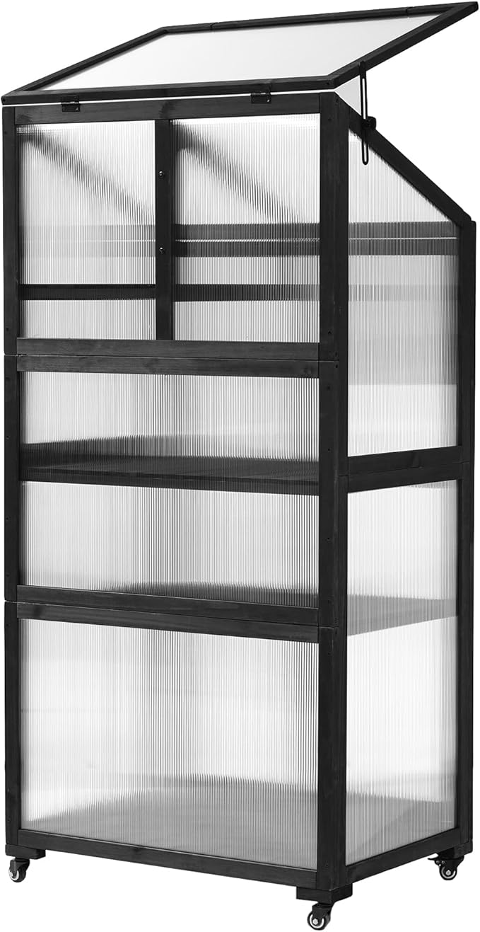 Mini 4-Tier Greenhouse with Locking Wheels, 62 Inch Height Portable Wooden Green House Cold Frame with Adjustable Shelves and Vent, Small Garden House for Outdoor Indoor, Black