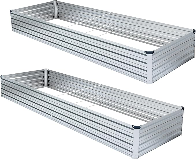Meberam 2 Pack 8x4x1FT Galvanized Raised Garden Bed Kit, Outdoor Metal Planter Box for Vegetables, Bottomless Rectangular Gardening Bed with Support Rods, Tool-Free Assembly, Silver