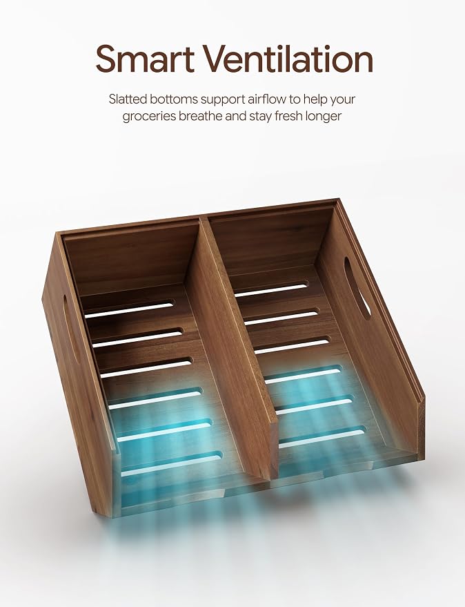 Tidita Wood Potato and Onion Storage Bin, Set of 3, Stackable, Walnut Color | Acacia Wood, Built-in Handles, Ventilated Pantry Storage Bins, 50LBS Capacity, Non-Skid Pads, Slatted Bottoms, Multi-Use