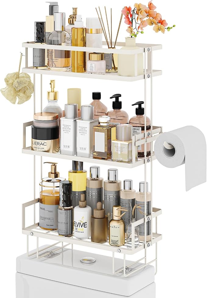 Godboat 3-Tier Over Toilet Storage Shelf, Wall-Mount with 2 Hook/Paper Rack