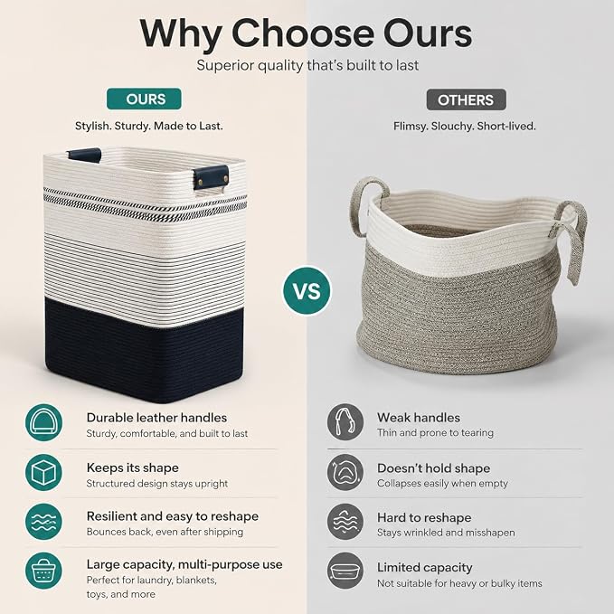 Laundry Hamper, Cotton Rope Laundry Basket with Leather Handles, 25.1-Gallon/95 L Large Clothes Hampers for Laundry, Woven Laundry Baskets for Blankets, Clothing, Bedroom, Living Room, Nursery