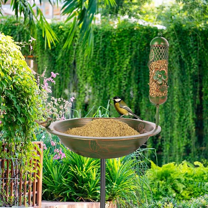 VEWOGARDEN 47 Inch Standing Metal Bird Bath Stake with Birdfeeder, Outdoor Garden Birdbath for Outside Patio, Yard, Lawn Decor