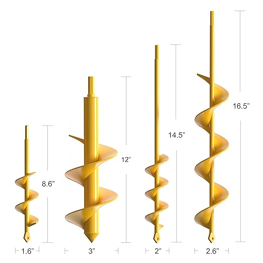 Garden Auger Drill Bit for Planting - Pack of (4) - Garden Ground Earth Post Hole Digger Drill Auger for Gardening Bulb Bedding Digging Plant Rapid Planter for 3/8in Hex Drill (Yellow)