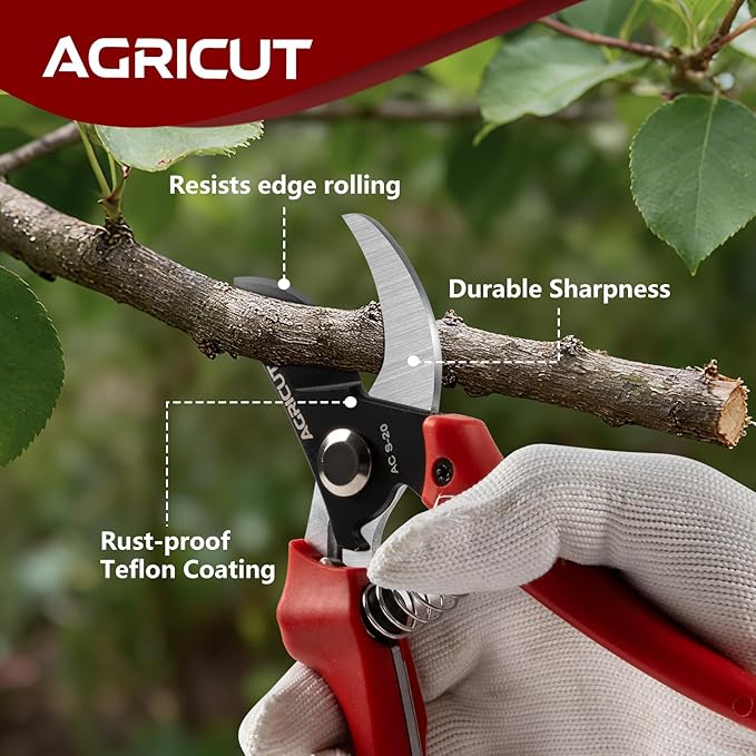 AGRICUT Pruning Shears, 7/8-Inch Cut Capacity Hand Clippers, Bypass Pruners, Gardening Scissors with Sharp Steel Blade (Nylon Handle, High Carbon Steel)