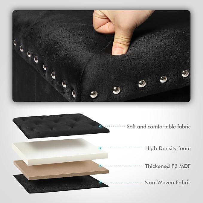 B FSOBEIIALEO Storage Ottoman Cube, 15.7" Velvet Folding Ottoman, Black | Storage Chest, Luxury Tufted Foldable Storage Ottomans Footstool for bedroom , Living room, Entryway, Dorm Room