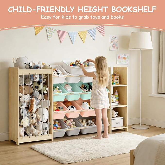 EXPERLAM 3-in-1 Toy Storage Organizer, Stuffed Animal Holder & 3-Tier Bookcase, Solid Wood Toy Organizer with 12 Storage Bins, Space-Saving Toy & Book Shelf for Kids Rooms, Bedroom, Playroom, Multi