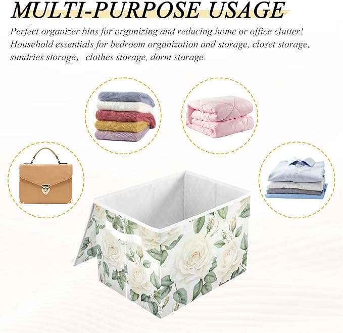 senya Flower Baskets Collapsible Storage Bins with Lids, White Rose Flower Storage Boxes Clothes Baskets for Organizing