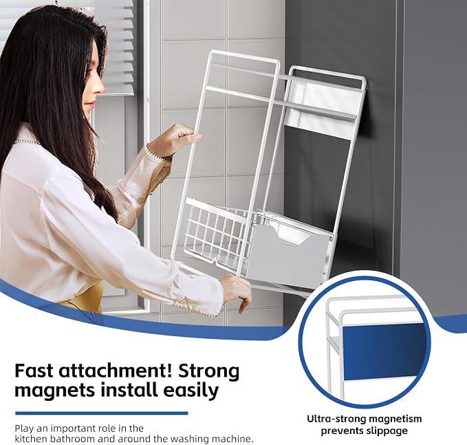 2 Tier Magnetic Shelves for Washing Machine with Pull Out Metal Drawer