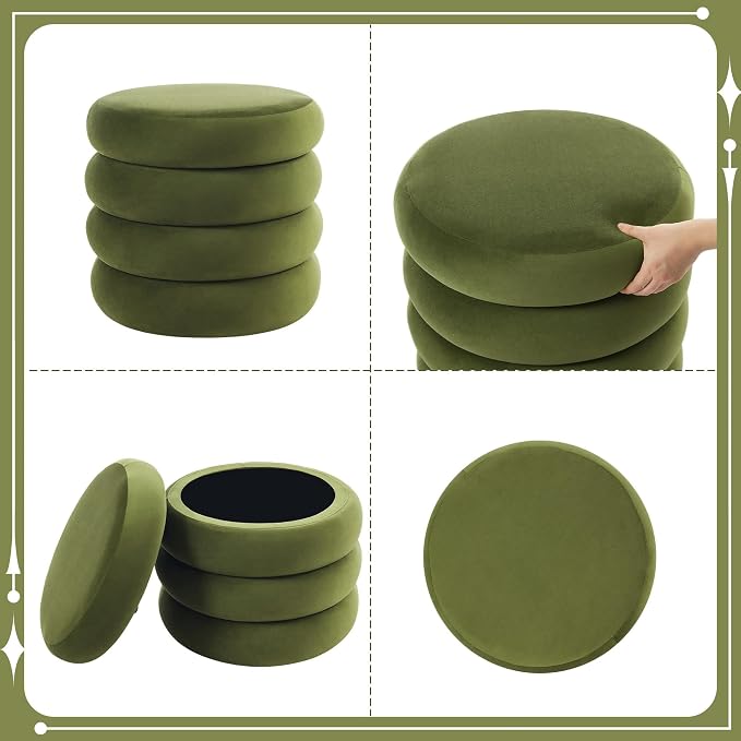 Flouki 19.5" Storage Ottoman Round, Vanity Stools for Bedroom, Entryway Ottoman for Console Table, Ottoman Stool for Girls Women, Foot Stool for Living Room, Set of 2, Velvet Green