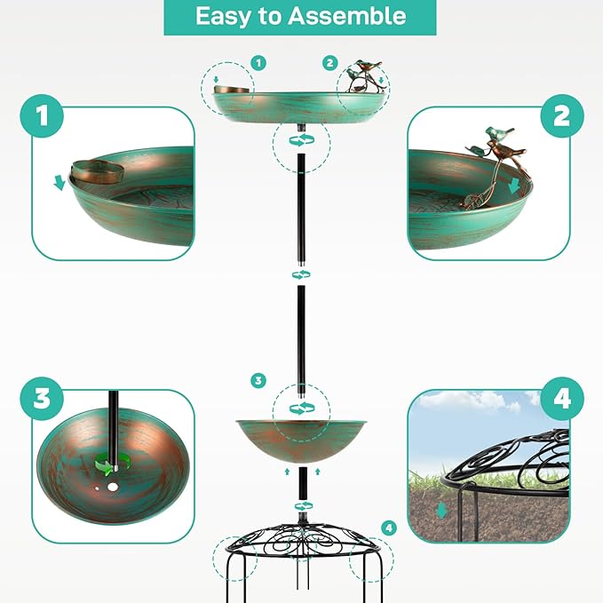 dreamysoul Metal Bird Baths for Outdoors, Pedestal Green Bird Bath with Flower Planter, BirdBaths for Outdoors Garden Yard Patio Decor