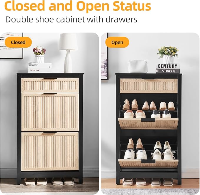 2-Flip Drawer Shoe Cabinet Narrow Entryway Rack, Oak&Black