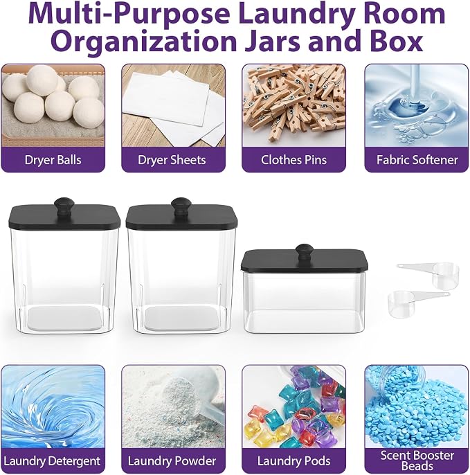 COAZEX 2+1 Pack Clear Laundry Pods Container & Dryer Sheet Holder Black Lid | Laundry Organization, Square Design,2 Scoops & 12 Labels, For Detergent Powder, Laundry Pods, Dryer Sheets, Wide Mouth