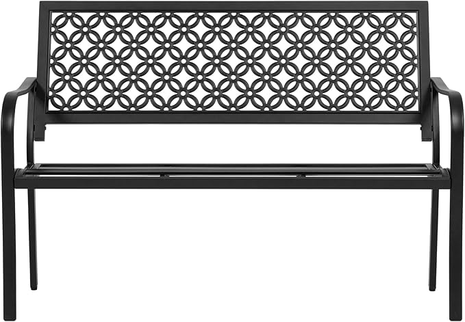 50" Outdoor Bench Weatherproof, 700 lbs Capacity Heavy Duty Garden Benches with Galvanized Metal Frame, Patio Bench with Floral Backrest, Patio Furniture for Porch, Park, Yard, Entryway, Black