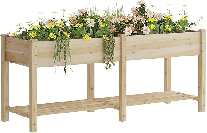 Raised Garden Bed with Legs, Wooden Planter Box with Storage Shelf, Elevated Wood Planter Box for Vegetables Flowers Herbs, Garden Planter for Backyard, Patio, Balcony, 72x24x30.7inch (Natural, L)