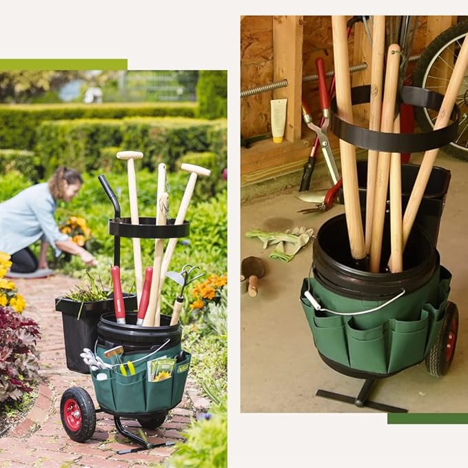 Gardener's Supply Company Heavy Duty Mobile Tool Storage Caddy | All in One Easy-Roll Garden Utility Cart Carrier | Includes 5-Gallon Bucket & Fabric Organizer with Multiple Pockets