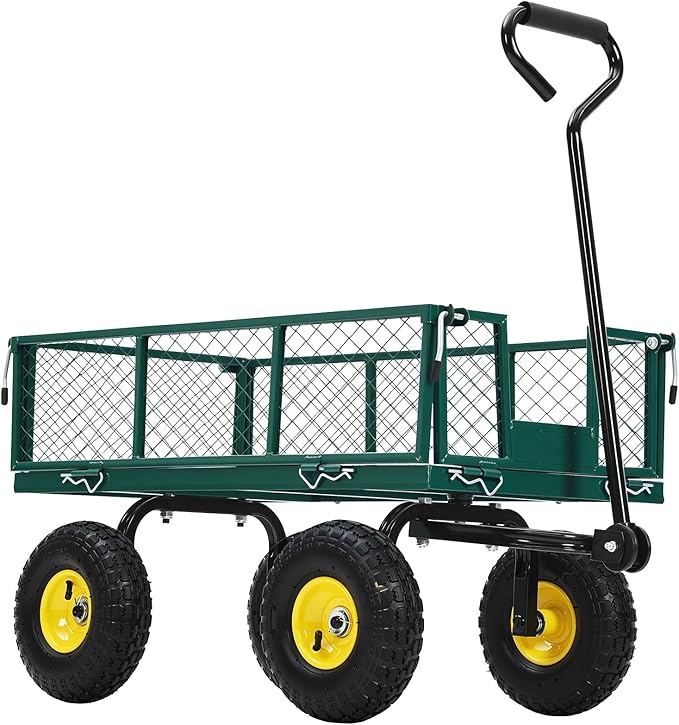 550 Lbs Steel Garden Cart. Heavy Duty Metal Garden Wagon with 10" Wheels, Pullable Metal Garden Wagon w 180° Rotating Handle and Removable Sides for Farm, Yard,