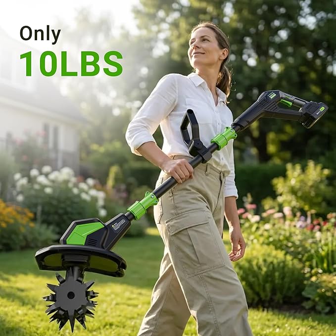 20V Cordless Tiller for Gardening, Electric Garden Tiller with 2 * 2.0Ah Batteries, 9" Width, 6.6" Depth, Lightweight 360RPM, 48 Steel Tines Mini Rototiller for Weeding, Gardening & Soil Cultivation