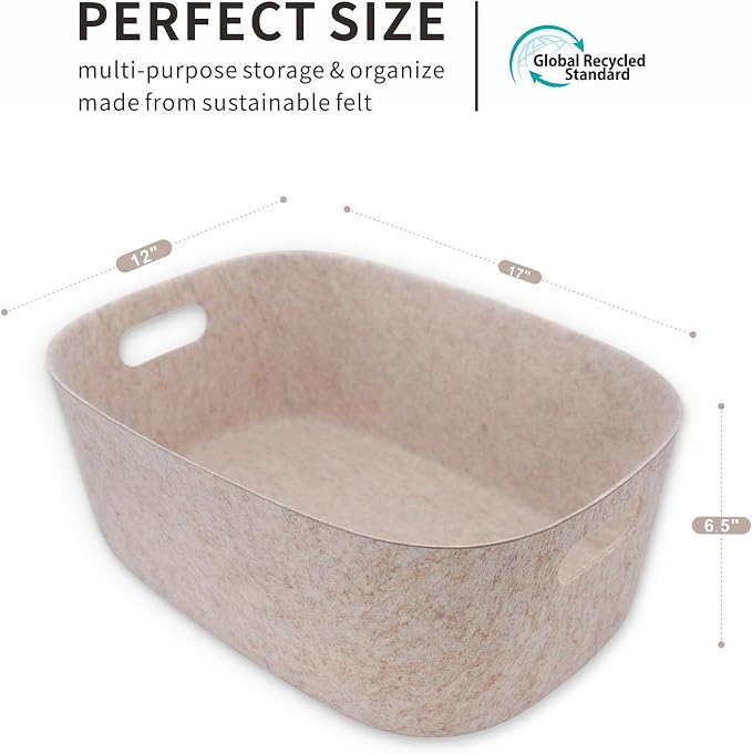 Welaxy Nordic Felt Storage Bin with Handles Beige Oatmeal Shelf Basket | Sustainable material soft yet sturdy,multi-purpose storage, sleek minimalist lifestyle