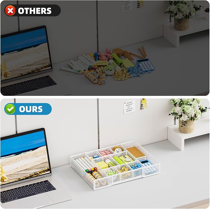Marbrasse Expandable Desk Drawer Organizer, Mesh Drawer Organizer Tray with 10 Adjustable Compartments, Desk Organizers and Accessories for Office Supplies, Makeup & Vanity (Expandable White-2 pack)