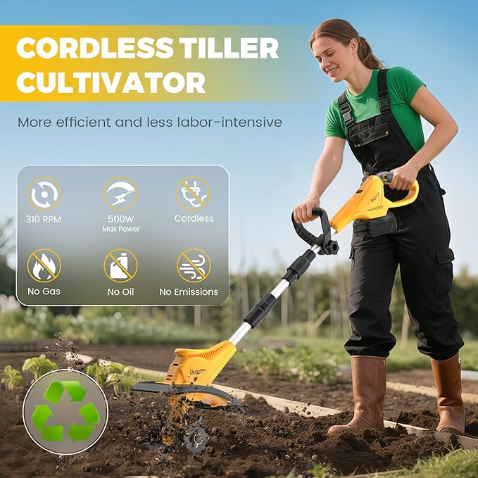 Cordless Electric Garden Tiller Cultivator Compatible with Dewalt 20V Battery(Tool Only), Folding Electric Rototiller Features 40 Steel Tines 310RPM, Yellow