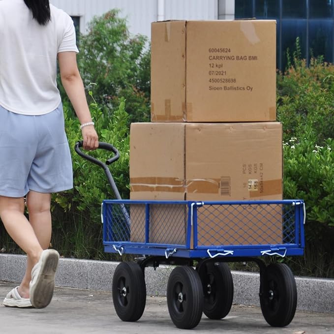 Heavy Duty 480 Lbs Capacity Mesh Steel Garden Cart Folding Utility Wagon with Removable Sides, Solid Wheels Tools Cart Wagon Cart, Easier to Transport Firewood (Blue)