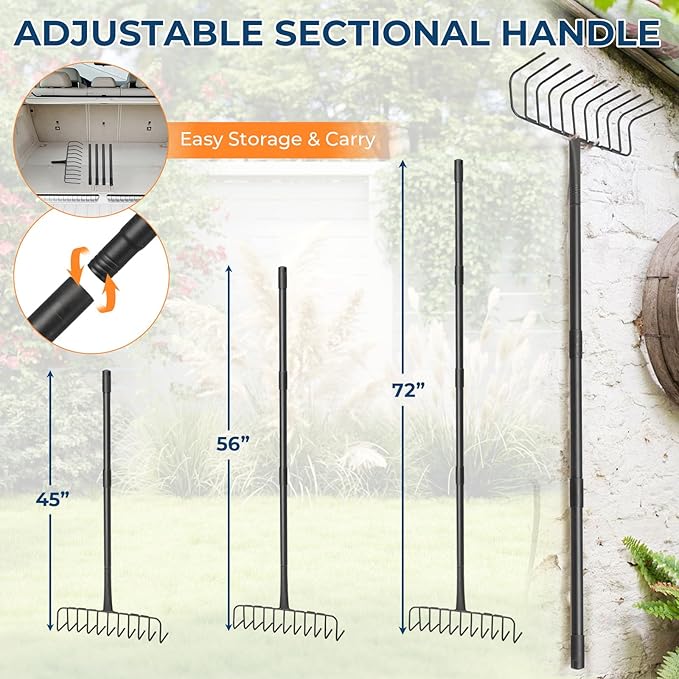 Bow Rake, Heavy Duty 16-Inch Metal Garden Rake with 72-Inch Long Handle & 11 Steel Tines – Durable Landscape Rake for Moving Soil, Gravel, Mulch, Thatch, Leaves, Hay, and Yard Debris
