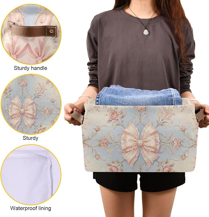 Vintage Rococo Pink Bow Ribbon Canvas Storage Basket Fabric Storage Bin Collapsible Canvas Basket Organizers and Storage Containers for Bedroom Nursery Toys Clothes