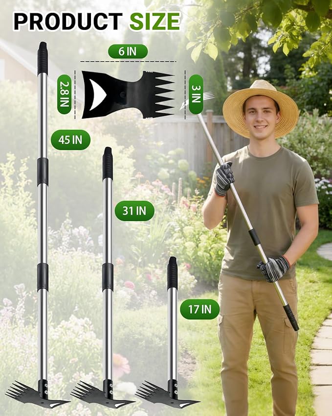 Weed Puller Tool with 47" Long Handle, Heavy Duty 2-in-1 Weeder & Garden Hoe, Uprooting Tool for Lawn, Yard, Patio & Garden, Hand Weed Rake for Efficient Gardening (47 inch)
