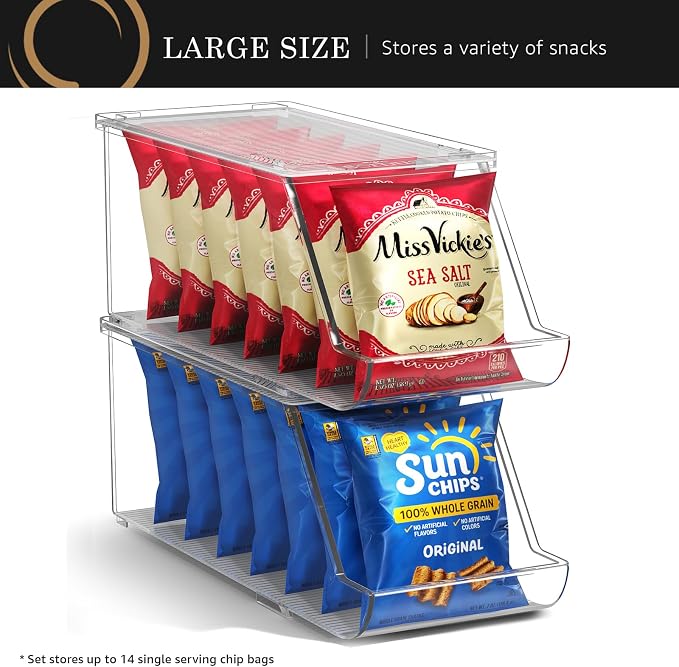Sorbus Stackable Snack Organizer Bins Open Front – Clear Pantry Storage Bins for Chips, Snacks & Food Pouches – Kitchen Pantry Organizer (2 Pack)